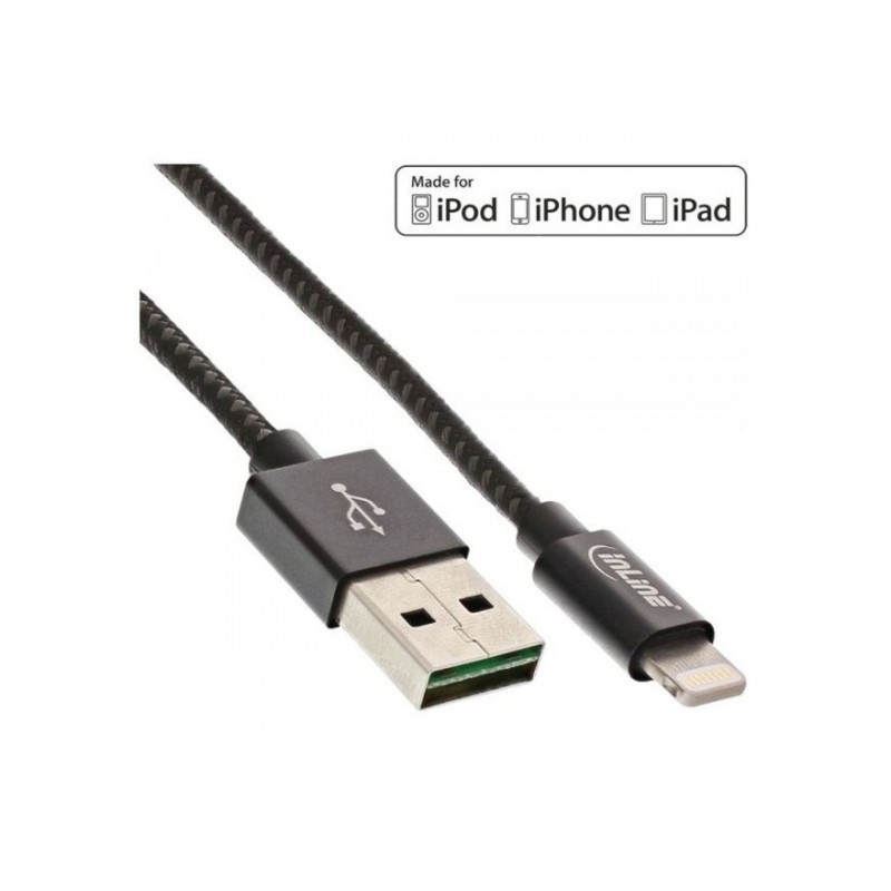 InLine Cavo Lightning USB- sincronizzazione dati e caricabatteria iPad- iPhone- iPod- Licenziato MFi- guaina tessuto nero-argent
